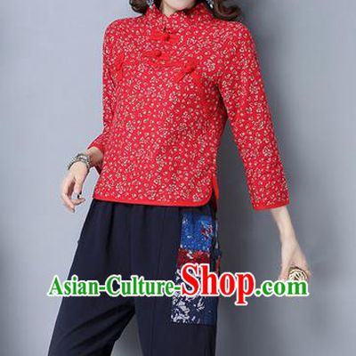 Traditional Chinese National Costume, Elegant Hanfu Embroidery Flowers Slant Opening Red Shirt, China Tang Suit Plated Buttons Chirpaur Blouse Cheong-sam Upper Outer Garment Qipao Shirts Clothing for Women