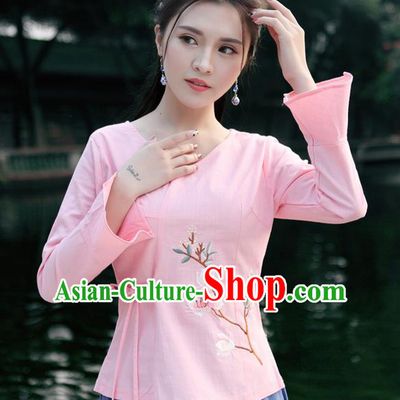 Traditional Chinese National Costume, Elegant Hanfu Embroidery Flowers Slant Opening Pink Mandarin Sleeve Shirt, China Tang Suit Plated Buttons Chirpaur Blouse Cheong-sam Upper Outer Garment Qipao Shirts Clothing for Women