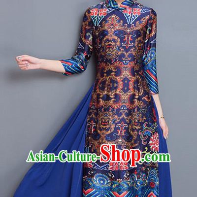 Traditional Chinese National Costume, Elegant Hanfu Embroidered Ao Dai Pattern Navy Dress, China Tang Suit Chirpaur Upper Outer Garment Elegant Dress Clothing for Women