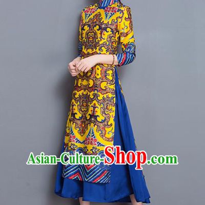 Traditional Chinese National Costume, Elegant Hanfu Embroidered Ao Dai Pattern Yellow Dress, China Tang Suit Chirpaur Upper Outer Garment Elegant Dress Clothing for Women