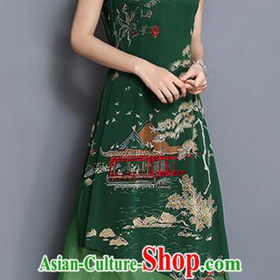 Traditional Ancient Chinese National Costume, Elegant Hanfu Mandarin Qipao Printing Green Dress, China Tang Suit Chirpaur Republic of China Cheongsam Upper Outer Garment Elegant Dress Clothing for Women