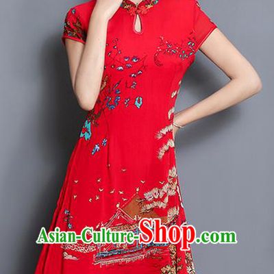 Traditional Ancient Chinese National Costume, Elegant Hanfu Mandarin Qipao Printing Red Dress, China Tang Suit Chirpaur Republic of China Cheongsam Upper Outer Garment Elegant Dress Clothing for Women