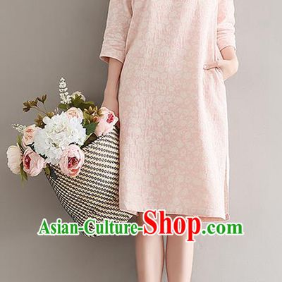 Traditional Ancient Chinese National Costume, Elegant Hanfu Mandarin Qipao Printing Short Pink Dress, China Tang Suit Chirpaur Republic of China Cheongsam Upper Outer Garment Elegant Dress Clothing for Women
