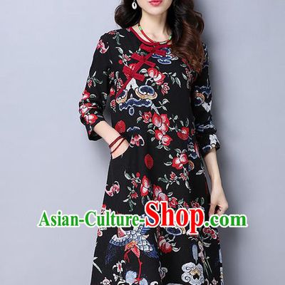 Traditional Chinese National Costume, Elegant Hanfu Plated Buttons Long Black Dress, China Tang Suit Cheongsam Upper Outer Garment Elegant Dress Clothing for Women