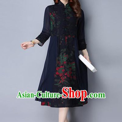 Traditional Chinese National Costume, Elegant Hanfu Linen Plated Buttons Navy Cheongsam Dress, China Tang Suit Cheongsam Upper Outer Garment Elegant Dress Clothing for Women