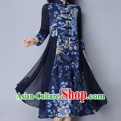 Traditional Chinese National Costume, Elegant Hanfu Linen Plated Buttons Royalblue Cheongsam Dress, China Tang Suit Cheongsam Upper Outer Garment Elegant Dress Clothing for Women