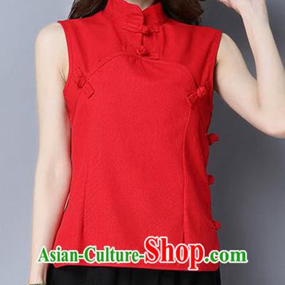 Traditional Chinese National Costume, Elegant Hanfu Linen Plated Buttons Red Vests, China Tang Suit Cheongsam Upper Outer Garment Elegant Waistcoat Clothing for Women