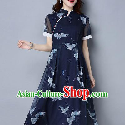 Traditional Ancient Chinese National Costume, Elegant Hanfu Mandarin Qipao Printing Crane Dress, China Tang Suit Upper Outer Garment Elegant Dress Clothing for Women