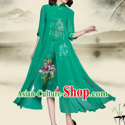 Traditional Ancient Chinese National Costume, Elegant Hanfu Mandarin Qipao Plated Buttons Printing Cheongsam Green Dress, China Tang Suit Upper Outer Garment Elegant Dress Clothing for Women