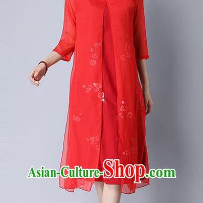 Traditional Ancient Chinese National Costume, Elegant Hanfu Mandarin Qipao Plated Buttons Cheongsam Print Peach Blossom Red Dress, China Tang Suit Upper Outer Garment Elegant Dress Clothing for Women