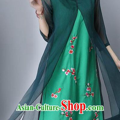 Traditional Ancient Chinese National Costume, Elegant Hanfu Mandarin Qipao Plated Buttons Cheongsam Print Peach Blossom Green Dress, China Tang Suit Upper Outer Garment Elegant Dress Clothing for Women