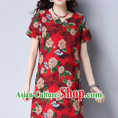 Traditional Ancient Chinese National Costume, Elegant Hanfu Qipao Printing Red Dress, China Tang Suit Cheongsam Upper Outer Garment Elegant Dress Clothing for Women