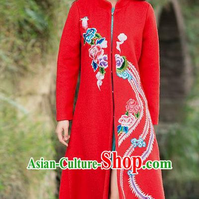 Traditional Ancient Chinese National Costume, Elegant Hanfu Stand Collar Embroidered Red Coat Robes, China Tang Suit Plated Buttons Cape, Upper Outer Garment Dust Coat Clothing for Women