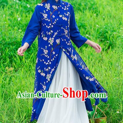 Traditional Ancient Chinese National Costume, Elegant Hanfu Stand Collar Embroidered Blue Double-deck Coat Robes, China Tang Suit Plated Buttons Cape, Upper Outer Garment Dust Coat Clothing for Women