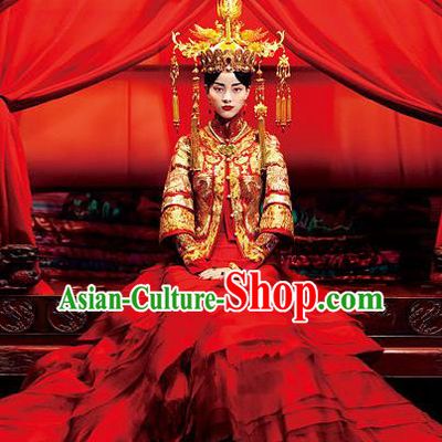 Traditional Handmade Chinese Ancient Classical Hair Accessories Bride Wedding Barrettes Phoenix Coronet Complete Set, Xiu he Suit Wedding Hair Sticks Hair Jewellery, Hair Fascinators Hairpins for Women