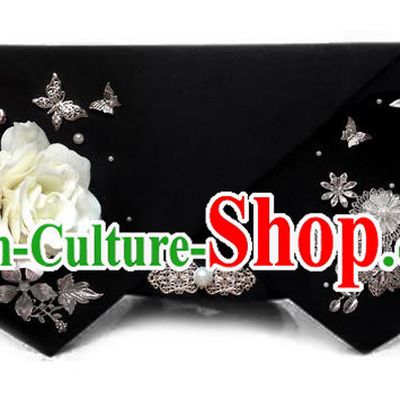 Traditional Ancient Chinese Hair Jewellery Accessories, Chinese Qing Dynasty Manchu Palace Lady Headwear Zhen Huan Big La fin White Flowers Headpiece, Chinese Mandarin Imperial Concubine Flag Head Hat Decoration Accessories for Women