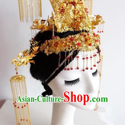 Traditional Handmade Chinese Ancient Classical Hair Tassel Accessories Bride Wedding Barrettes Phoenix Coronet Complete Set, Xiuhe Suit Wedding Hair Sticks Hair Jewellery, Hair Fascinators Hairpins for Women