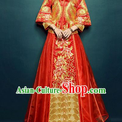 Traditional Ancient Chinese Costume Xiuhe Suits, Chinese Style Wedding Dress Red Restoring Ancient Embroidered Longfeng Dragon and Phoenix Flown, Bride Toast Cheongsam for Women