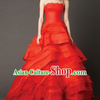 Traditional Chinese Wedding Costume Evening Dress, Chinese Style Wedding Red Dress, Bride Toast Bubble Dress for Women