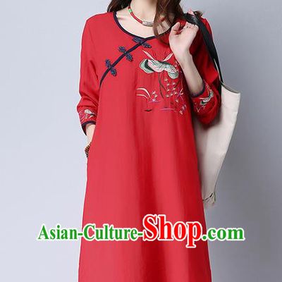 Traditional Ancient Chinese National Costume, Elegant Hanfu Embroidered Slant Opening Red Dress, China Tang Suit Plated Buttons Cheongsam Garment Elegant Dress Clothing for Women