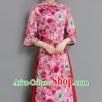 Traditional Chinese National Costume, Elegant Hanfu Mandarin Qipao Printing Red Dress, China Tang Suit Stand Collar Cheongsam Upper Outer Garment Elegant Dress Clothing for Women
