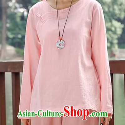 Traditional Chinese National Costume, Elegant Hanfu Linen Slant Opening Pink T-Shirt, China Tang Suit Plated Buttons Chirpaur Blouse Round Collar Cheong-sam Upper Outer Garment Qipao Shirts Clothing for Women