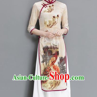 Traditional Ancient Chinese National Costume, Elegant Hanfu Mandarin Qipao Printing White Dress, China Tang Suit Stand Collar Cheongsam Upper Outer Garment Elegant Dress Clothing for Women