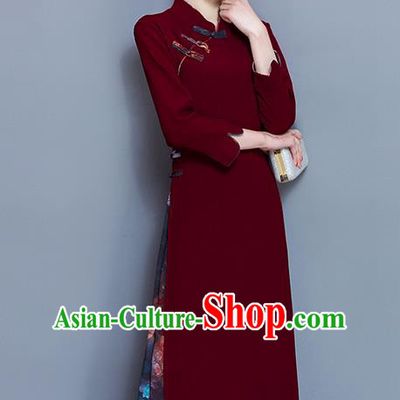 Traditional Ancient Chinese National Costume, Elegant Hanfu Mandarin Qipao Printing Red Plated Buttons Dress, China Tang Suit Stand Collar Cheongsam Upper Outer Garment Elegant Dress Clothing for Women