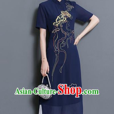 Traditional Ancient Chinese National Costume, Elegant Hanfu Mandarin Qipao Embroidered Navy Dress and White Loose Pants Complete Set, China Tang Suit Cheongsam Upper Outer Garment Elegant Dress Clothing for Women