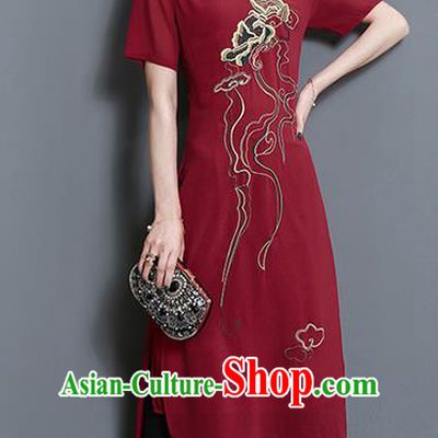 Traditional Ancient Chinese National Costume, Elegant Hanfu Mandarin Qipao Embroidered Red Dress and Black Loose Pants Complete Set, China Tang Suit Cheongsam Upper Outer Garment Elegant Dress Clothing for Women
