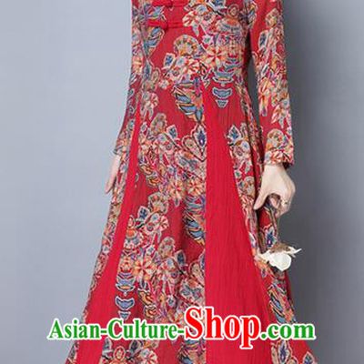 Traditional Ancient Chinese National Costume, Elegant Hanfu Qipao Printing Northeast Cloth Red Plated Buttons Dress, China Tang Suit Cheongsam Upper Outer Garment Elegant Dress Clothing for Women