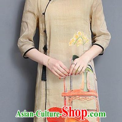Traditional Ancient Chinese National Costume, Elegant Hanfu Mandarin Qipao Printing Stand Collar Khaki Dress, China Tang Suit Cheongsam Upper Outer Garment Elegant Dress Clothing for Women