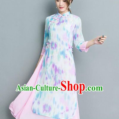 Traditional Ancient Chinese National Costume, Elegant Hanfu Mandarin Qipao Printing Stand Collar Big Swing White Dress, China Tang Suit Cheongsam Upper Outer Garment Elegant Dress Clothing for Women