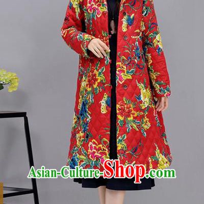 Traditional Ancient Chinese National Costume, Elegant Hanfu Stand Collar Coat Red Cotton Wadded Robes, China Tang Suit Plated Buttons Cape, Upper Outer Garment Dust Coat Clothing for Women