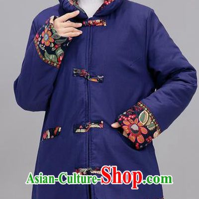 Traditional Ancient Chinese National Costume, Elegant Hanfu Stand Collar Blue Cotton Wadded Coat, China Tang Suit Plated Buttons Cape, Upper Outer Garment Dust Coat Clothing for Women