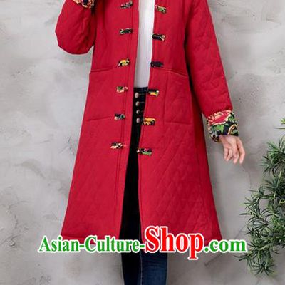 Traditional Ancient Chinese National Costume, Elegant Hanfu Turn-down Collar Red Cotton Wadded Coat, China Tang Suit Plated Buttons Cape, Upper Outer Garment Dust Coat Clothing for Women
