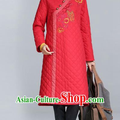 Traditional Chinese National Costume, Elegant Hanfu Cotton Wadded Embroidered Red Dress, China Tang Suit Chirpaur Cheongsam Garment Elegant Dress Clothing for Women