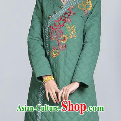 Traditional Chinese National Costume, Elegant Hanfu Cotton Wadded Embroidered Green Dress, China Tang Suit Chirpaur Cheongsam Garment Elegant Dress Clothing for Women
