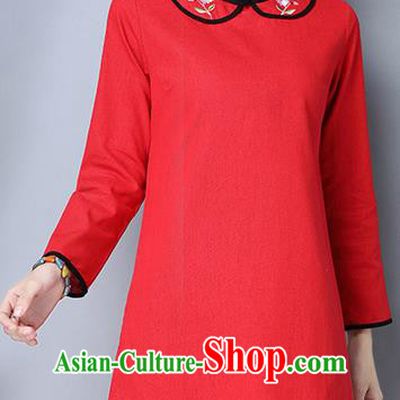 Traditional Ancient Chinese National Costume, Elegant Hanfu Mandarin Qipao Linen Stand Collar Red Dress, China Tang Suit Short Cheongsam Upper Outer Garment Elegant Dress Clothing for Women