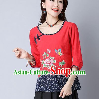 Traditional Chinese National Costume, Elegant Hanfu Embroidery Flowers Round Collar Red T-Shirt, China Tang Suit Plated Buttons Chirpaur Blouse Cheong-sam Upper Outer Garment Qipao Shirts Clothing for Women