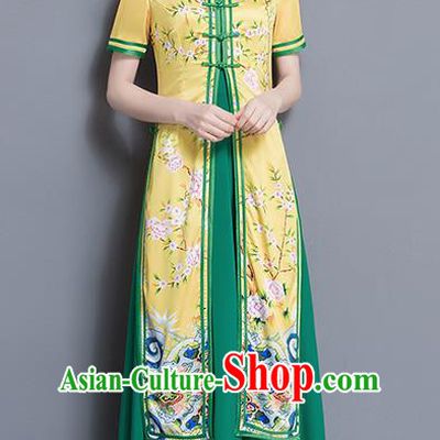 Traditional Ancient Chinese National Costume, Elegant Hanfu Silk Qipao Printing Stand Collar Two Piece Ao Dai Dress, China Tang Suit Cheongsam Garment Elegant Dress Clothing for Women