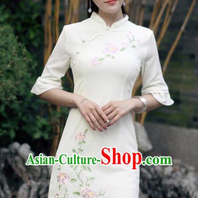 Traditional Ancient Chinese National Costume, Elegant Hanfu Linen Embroidered White Short Cheongsam Dress, China Tang Suit Upper Outer Garment Elegant Dress Clothing for Women
