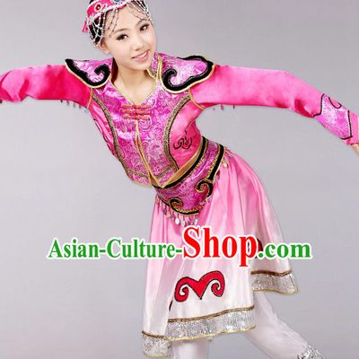 Traditional Chinese Mongol Nationality Dancing Costume, Mongols Female Folk Dance Ethnic Pleated Skirt, Chinese Mongolian Minority Nationality Embroidery Costume for Women