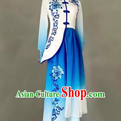 Traditional Chinese Ancient Peking Opera Water Sleeve Dancing Costume, Blue and White Porcelain Classical Folk Dance Costume Lotus Dance Clothing for Women