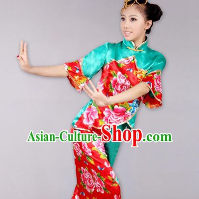 Traditional Chinese Yangge Fan Dancing Costume Complete Set, Folk Dance Yangko Costume Drum Dance Clothing for Women