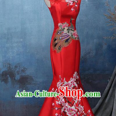 Traditional Ancient Chinese Costume, Chinese Style Wedding Full Dress Red Restoring Dragon and Phoenix Flown Bride Toast Cheongsam for Women