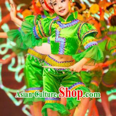 Traditional Chinese Yangge Fan Dancing Children Costume, Folk Dance Yangko Costume Lotus Dance Mandarin Sleeve Clothing for Kids
