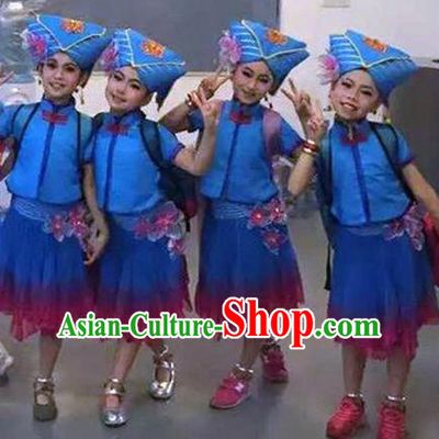 Traditional Chinese Zhuang Nationality Dancing Costume, Children Folk Dance Ethnic Pleated Skirt, Chinese Minority Nationality Embroidery Costume for Kids