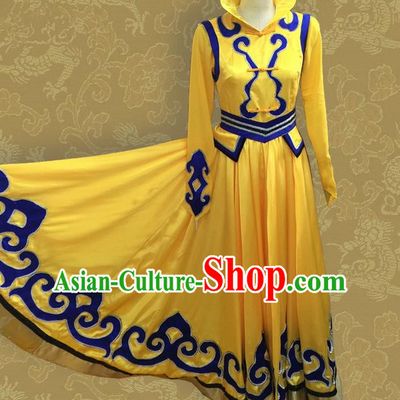 Traditional Chinese Mongol Nationality Dancing Costume, Mongols Female Folk Dance Ethnic Pleated Skirt, Chinese Mongolian Minority Nationality Embroidery Costume for Women