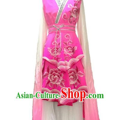 Traditional Chinese Ancient Peking Opera Long Water Sleeve Dancing True Silk Pink Costume, Classical Folk Dance Costume Drum Dance Clothing for Women